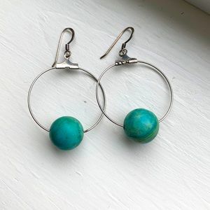 Genuine Turquoise Bead SS Hoop Earrings